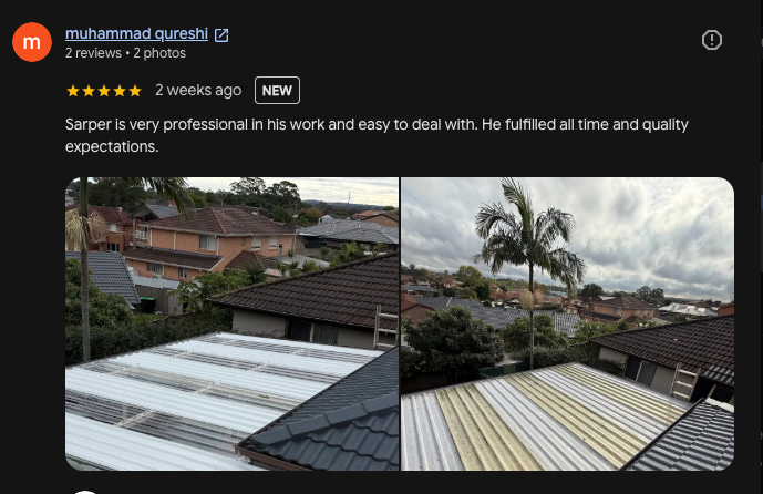 Five-star Google review for EAY Roofing patio roofing work in Casula