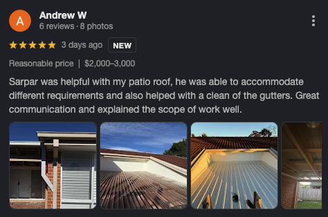 Five-star Google review for EAY Roofing patio roofing work in Wattle Grove